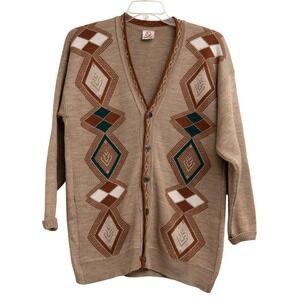 VTG Grandpa Cardigan Sweater Men L Brown Green Geometric Button Up Slouchy Aztec